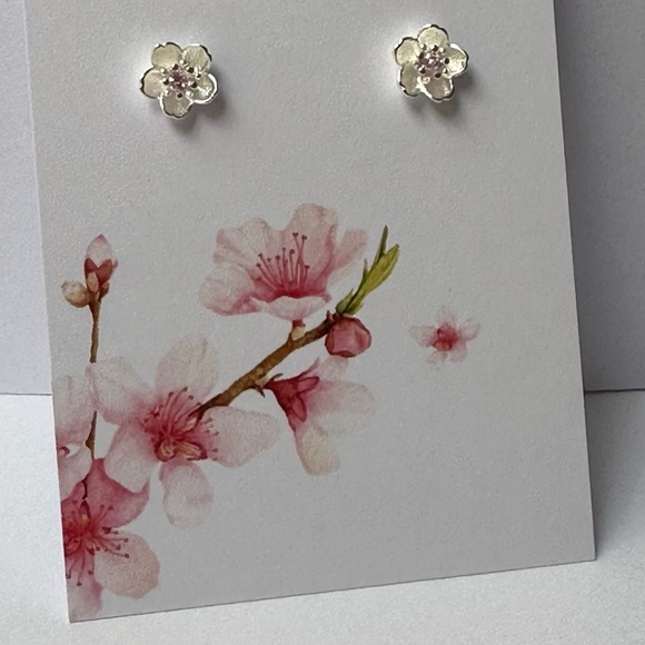 925 Sterling Silver Petite Cherry Blossom Sakura Silver Flowers Pink Diamanté - Picture 3 of 5